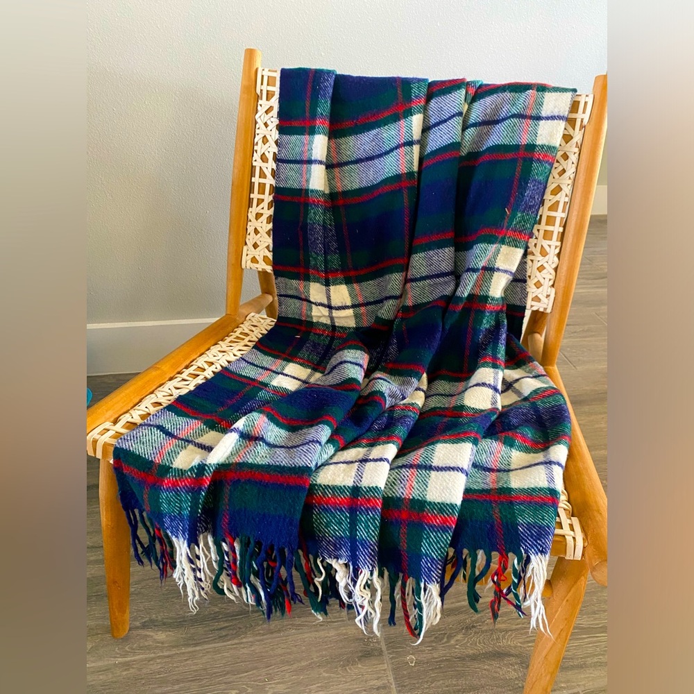 Vintage TROY Blanket Plaid Throw Stadium Picnic Fringe Vintage 51”-51”